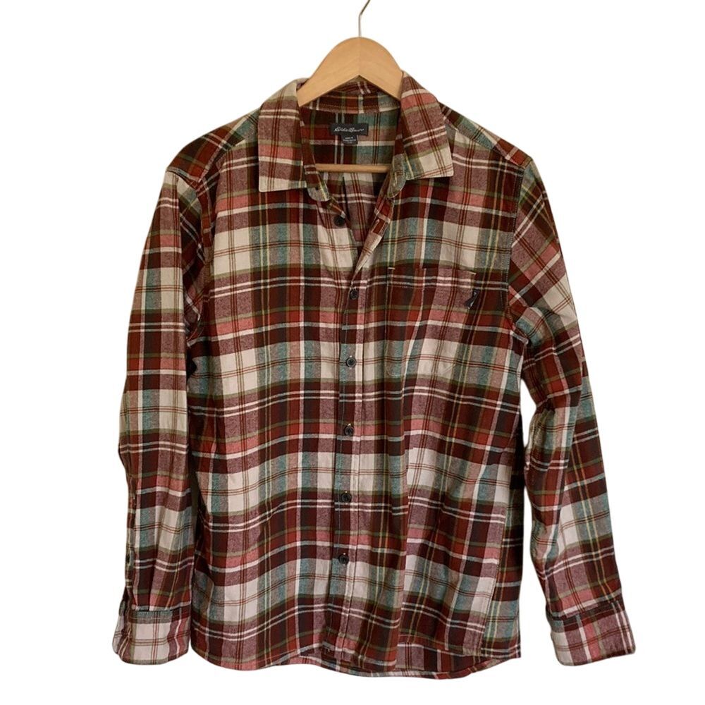 Eddie Bauer Mens Flannel Shirt Size Large Long Sleeve Plaid Rust Cream Green